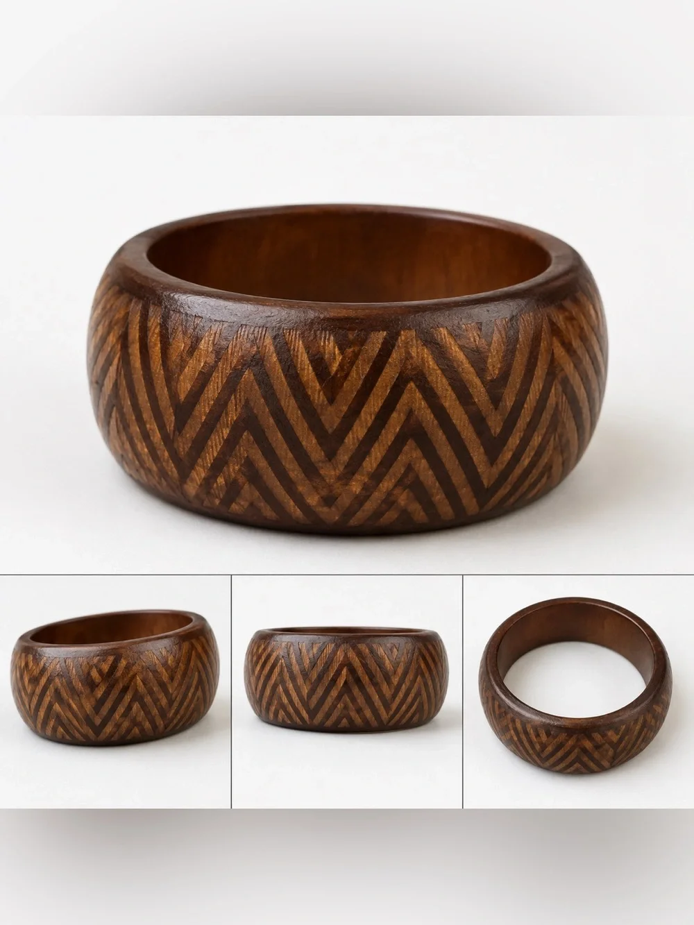Brand New Hand Carved Wooden Bangle Bracelet Brown Chevron Boho Wide Cuff
